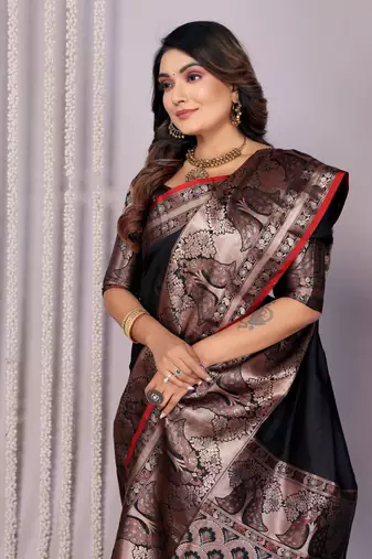 black soft silk blend banarasi with peacock zari jacquard weaving border saree