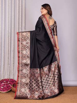black soft silk blend banarasi with peacock zari jacquard weaving border saree 6