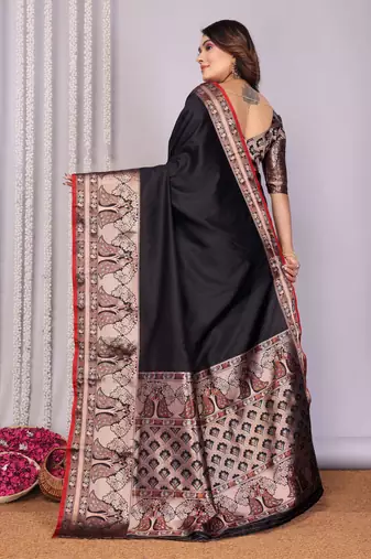 black soft silk blend banarasi with peacock zari jacquard weaving border saree