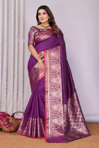 magenta soft silk blend banarasi with peacock zari jacquard weaving border saree