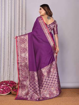 magenta soft silk blend banarasi with peacock zari jacquard weaving border saree 5