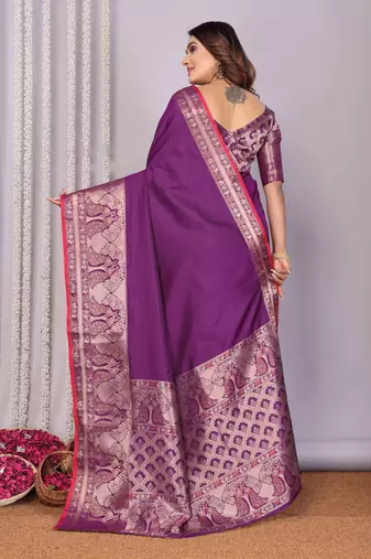 magenta soft silk blend banarasi with peacock zari jacquard weaving border saree