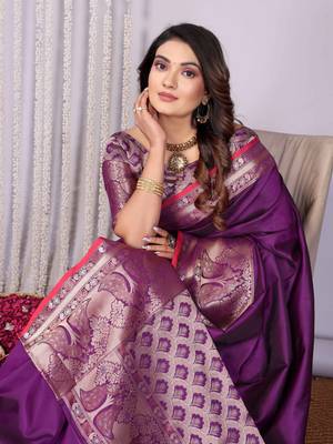 magenta soft silk blend banarasi with peacock zari jacquard weaving border saree 6