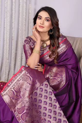 magenta soft silk blend banarasi with peacock zari jacquard weaving border saree