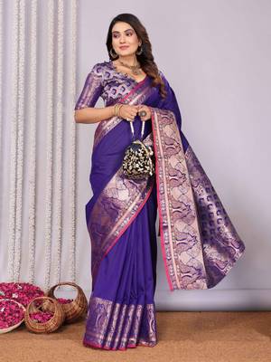 purple soft silk blend banarasi with peacock zari jacquard weaving border saree 1