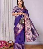 purple soft silk blend banarasi with peacock zari jacquard weaving border saree