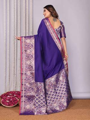 purple soft silk blend banarasi with peacock zari jacquard weaving border saree 3
