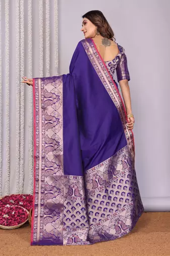 purple soft silk blend banarasi with peacock zari jacquard weaving border saree