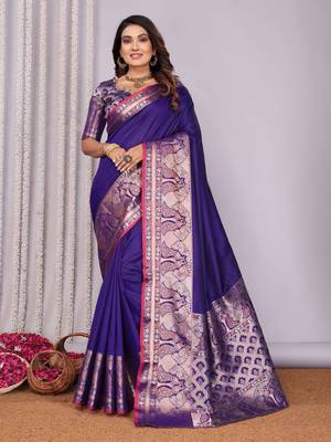 purple soft silk blend banarasi with peacock zari jacquard weaving border saree 4