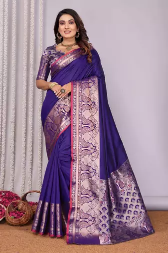 purple soft silk blend banarasi with peacock zari jacquard weaving border saree