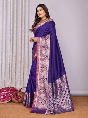 purple soft silk blend banarasi with peacock zari jacquard weaving border saree 5