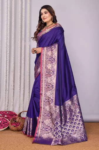 purple soft silk blend banarasi with peacock zari jacquard weaving border saree