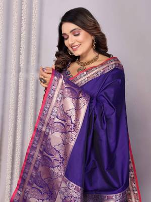 purple soft silk blend banarasi with peacock zari jacquard weaving border saree 6