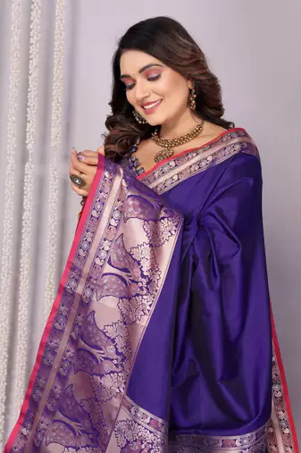 purple soft silk blend banarasi with peacock zari jacquard weaving border saree