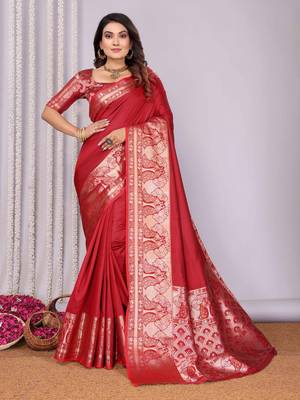 red soft silk blend banarasi with peacock zari jacquard weaving border saree 1