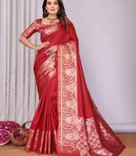 red soft silk blend banarasi with peacock zari jacquard weaving border saree