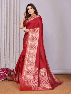 red soft silk blend banarasi with peacock zari jacquard weaving border saree 3