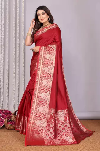 red soft silk blend banarasi with peacock zari jacquard weaving border saree