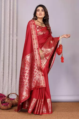 red soft silk blend banarasi with peacock zari jacquard weaving border saree
