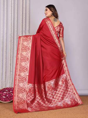 red soft silk blend banarasi with peacock zari jacquard weaving border saree 5