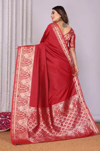 red soft silk blend banarasi with peacock zari jacquard weaving border saree