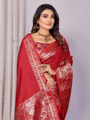 red soft silk blend banarasi with peacock zari jacquard weaving border saree 6