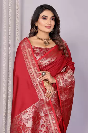 red soft silk blend banarasi with peacock zari jacquard weaving border saree