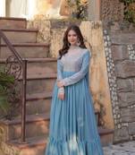 Skyblue star georgette with embroidery beads sequins-work gown with dupatta