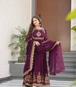 Wine faux blooming georgette with zari thread & sequins embroidery gown with dupatta