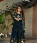 Teal faux blooming georgette with zari thread & sequins embroidery gown with dupatta