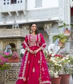 Pink vichitra silk sequins and thread embroidery work gown dupatta