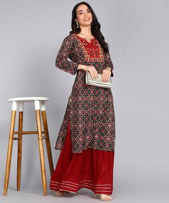 Jaipurite Women's ethnic motifs Printed straight kurti in black 1