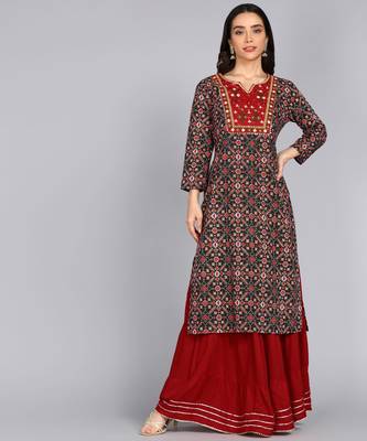 Jaipurite Women's ethnic motifs Printed straight kurti in black 3