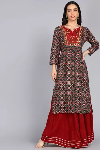 Jaipurite Women's ethnic motifs Printed straight kurti in black
