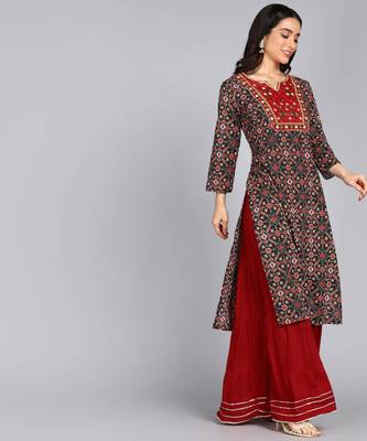 Jaipurite Women's ethnic motifs Printed straight kurti in black 5