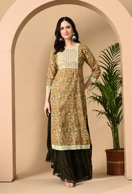  Jaipurite Women embroidered paisley print straight kurta in light yellow 1