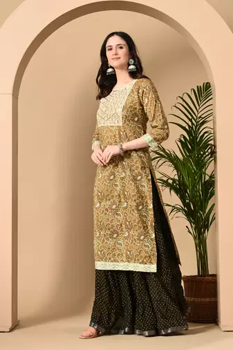  Jaipurite Women embroidered paisley print straight kurta in light yellow