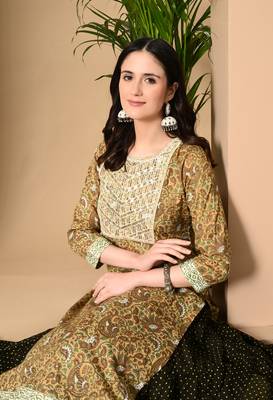  Jaipurite Women embroidered paisley print straight kurta in light yellow 5