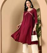 Jaipurite Women embroidered printed aliya cut kurta in maroon