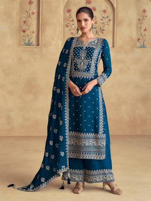 Blue embroidery sequence work chinon palazzo suits ( full-stitched free size ) 1