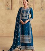 Blue embroidery sequence work chinon palazzo suits ( full-stitched free size )