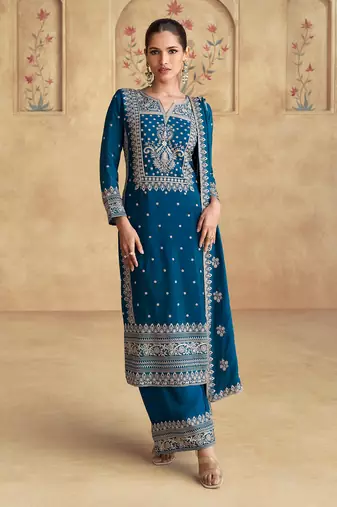 Blue embroidery sequence work chinon palazzo suits ( full-stitched free size )
