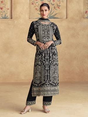 Black embroidery sequence work chinon salwar kameez ( full-stitched free size ) 1