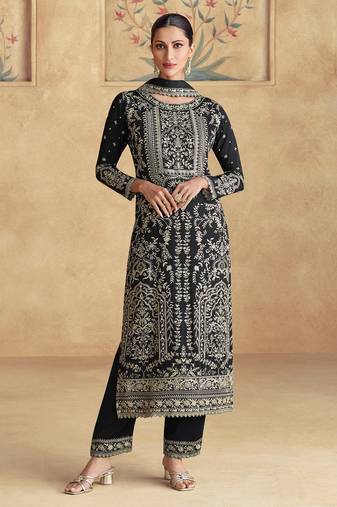 Black embroidery sequence work chinon salwar kameez ( full-stitched free size )