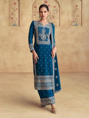 Blue embroidery sequence work chinon palazzo suits ( full-stitched free size ) 3