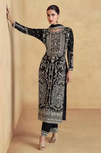 Black embroidery sequence work chinon salwar kameez ( full-stitched free size )