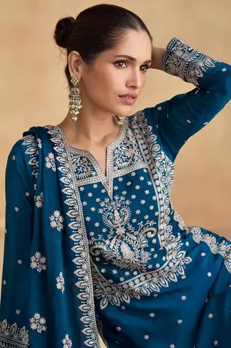 Blue embroidery sequence work chinon palazzo suits ( full-stitched free size )
