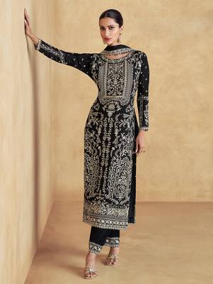 Black embroidery sequence work chinon salwar kameez ( full-stitched free size ) 3