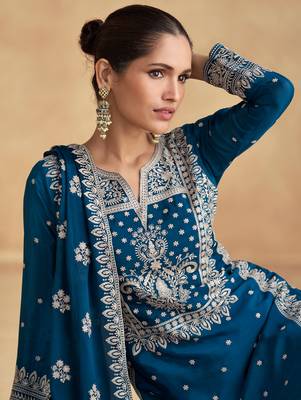 Blue embroidery sequence work chinon palazzo suits ( full-stitched free size ) 5