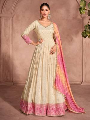 Cream & pink embroidery sequence zari work viscose simar jacquard anarkali suits ( full-stitched free size ) 1